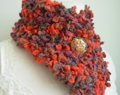 Hand Knit Scarf Neckwarmer Winterberry Scarf with Vintage Glass Button Taupe Berry Browns
