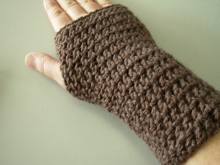 Hand Crocheted Mink Brown Cashmere Blend Fingerless Gloves Wrist Warmers
