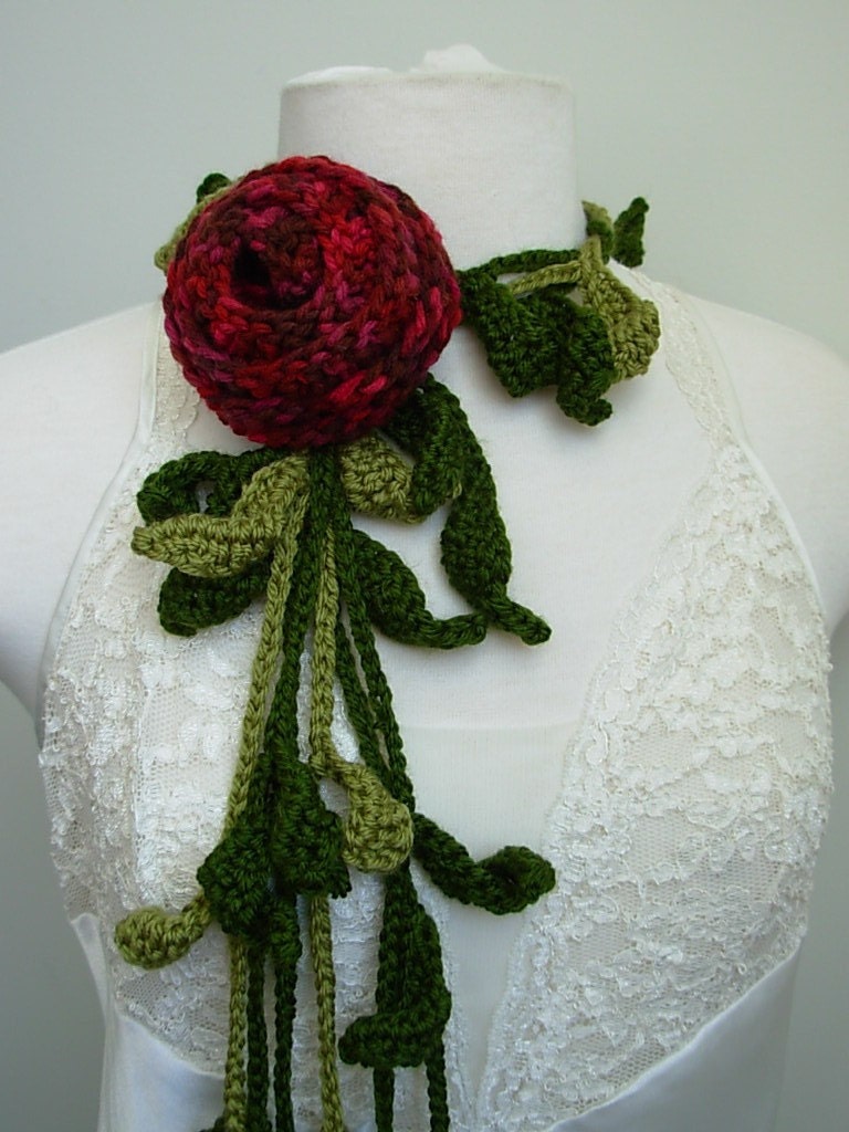 Hand Crocheted Rose Scarf Vine Leaf Lariat Scarf Reds Black Cherry Scarf