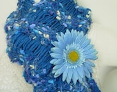Hand Knit Blue and White Scarf Thick and Warm with Flower