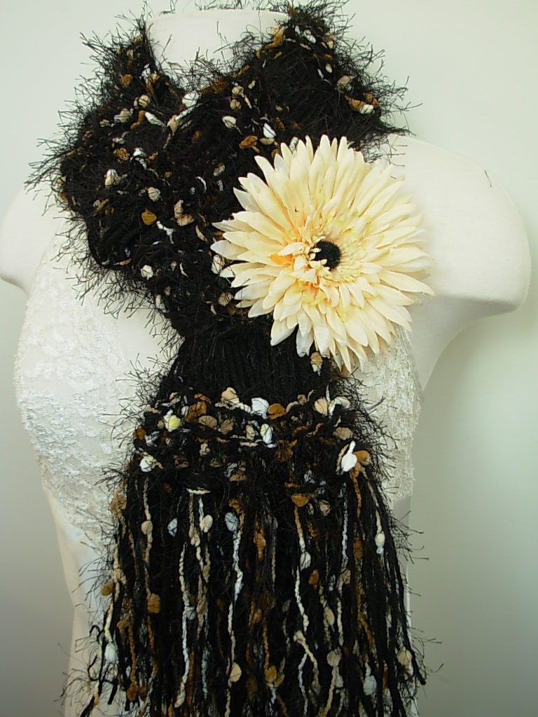 Hand Knit Scarf Black Ivory and Ecru Knit Scarf Thick and Warm with Flower