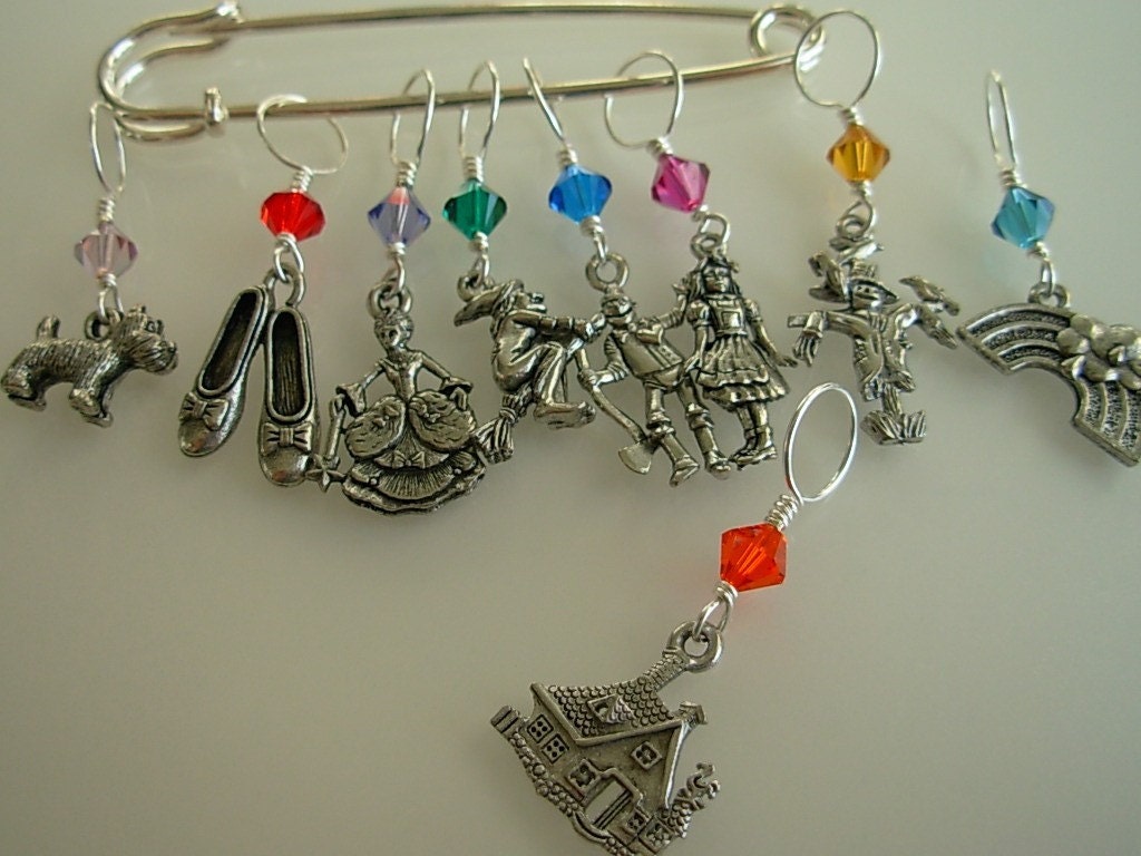 Hand Made Wizard of Oz Stitch Markers Shawl Pin Scarf Pin Dorothy Toto Wizard