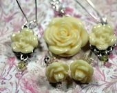 Cabbage Rose Necklace & 2pr Earring Set Bridesmaid Gift Silver Soft Dapple Sun Yellow