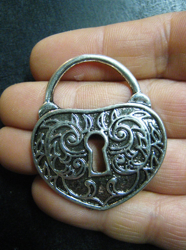 4 padlock heart pendant charms, silver plated,  huge 39x 33mm, lead and nickel free