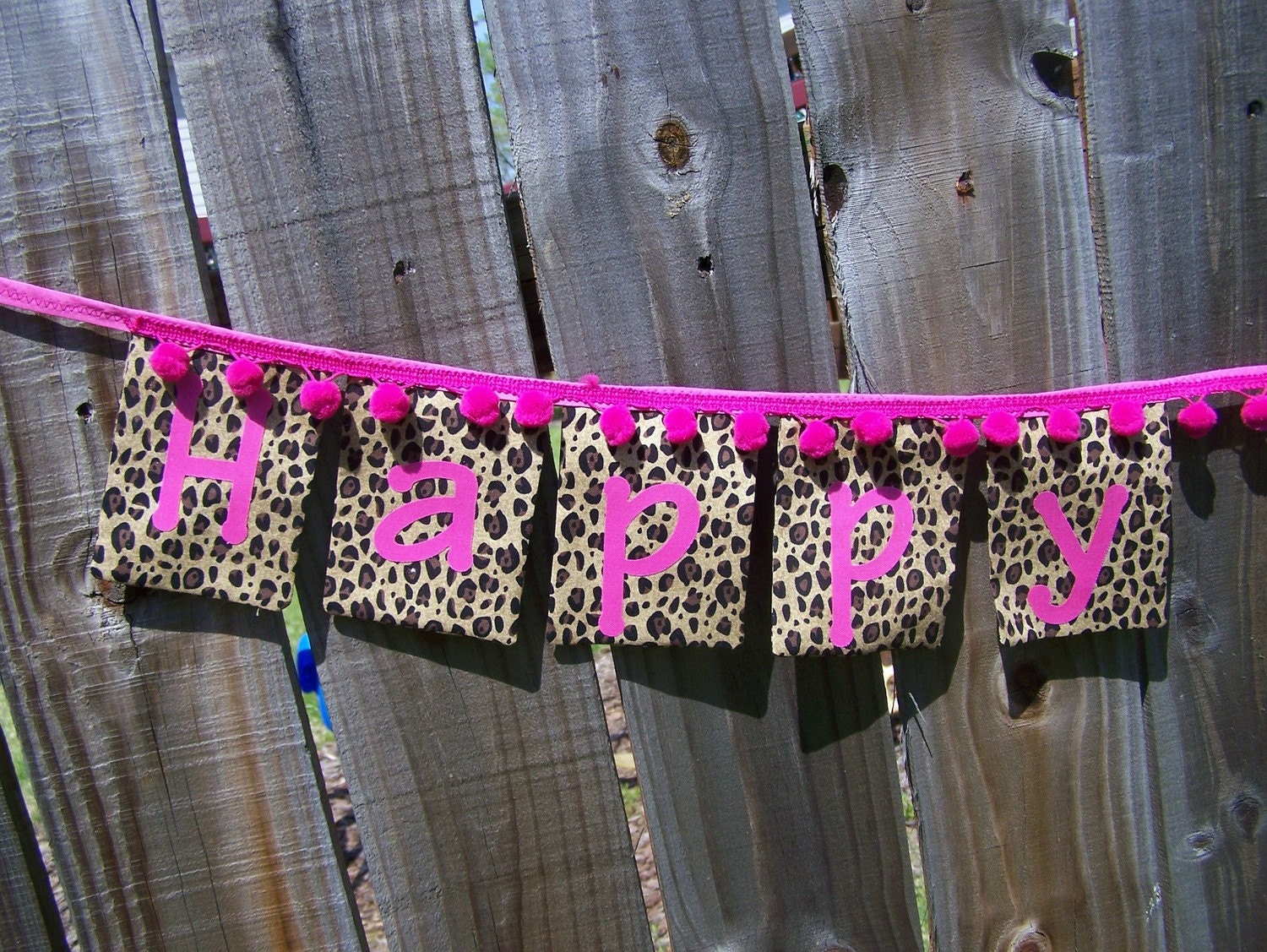 Happy Birthday Fabric Banner in Leopard and Pink w/pom pom trim