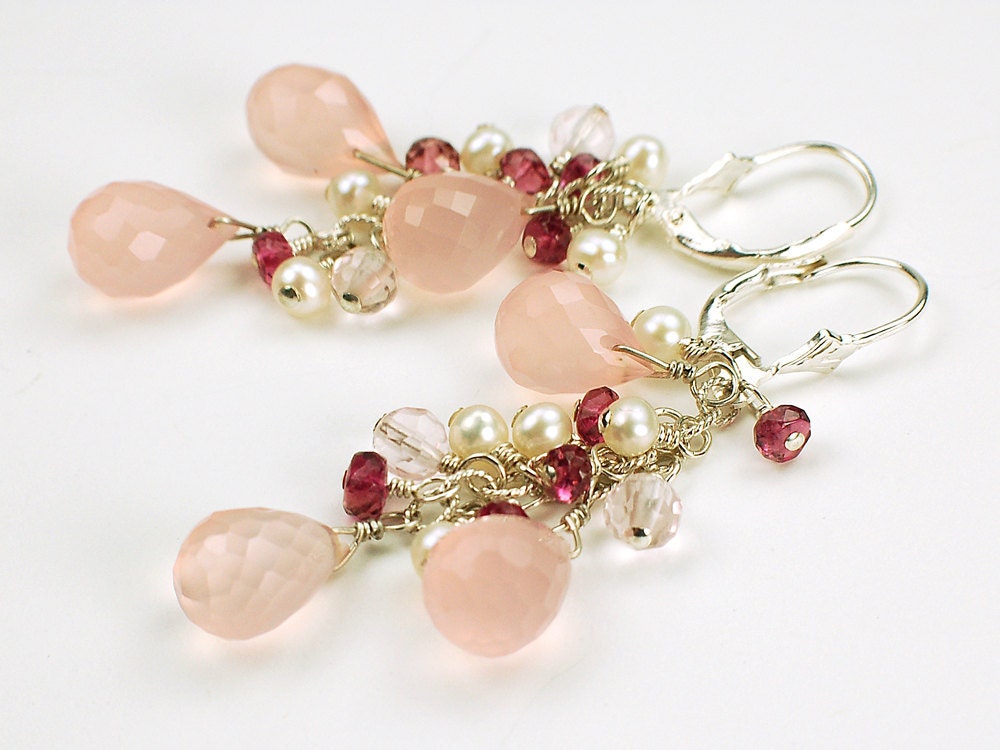 Pink Chalcedony, Pearl, Rose Quartz and Rhodolite Garnet Earrings