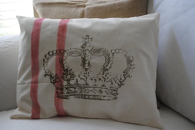 NEW Tea Stained With Wine Stripes and Gold Royal Crown Shabby Chic Pillow Case 12x16 Buy Any Two Get One For FREE