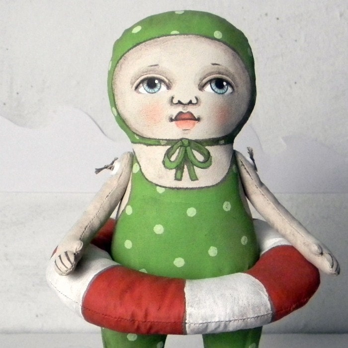 Green Polka Dot Swimsuit Doll Sculpture Hand Painted Original Folk Art-- Made to Order within a Week