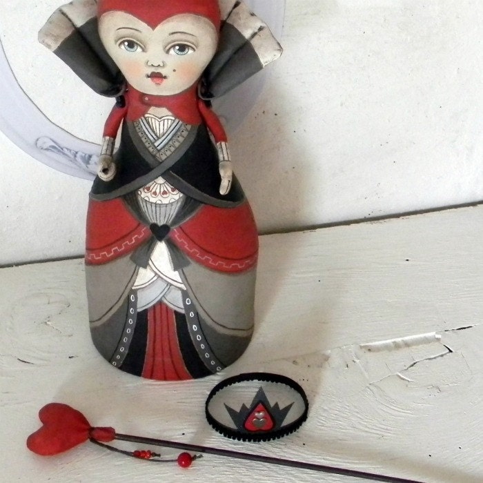 LAST ONE - Red Queen of Hearts Contemporary Folk Art Doll Sculpture Hand Painted Original - Custom Made to Order