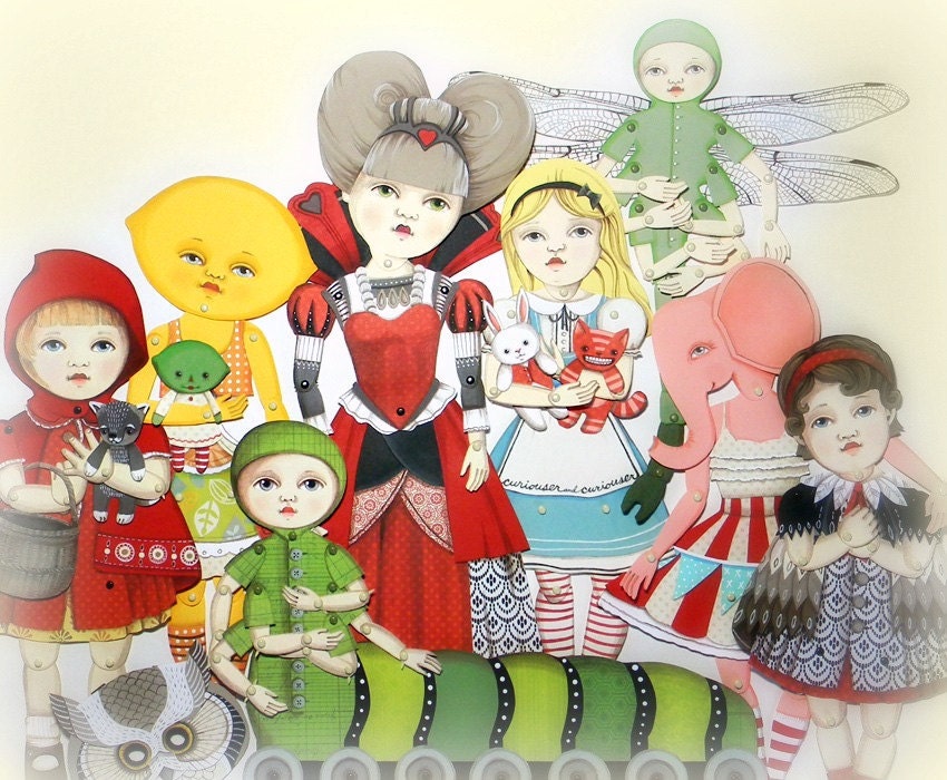 Alice in Wonderland-- DIY Articulated Jointed Paper Art Doll Set-- White Rabbit and Cheshire Cat
