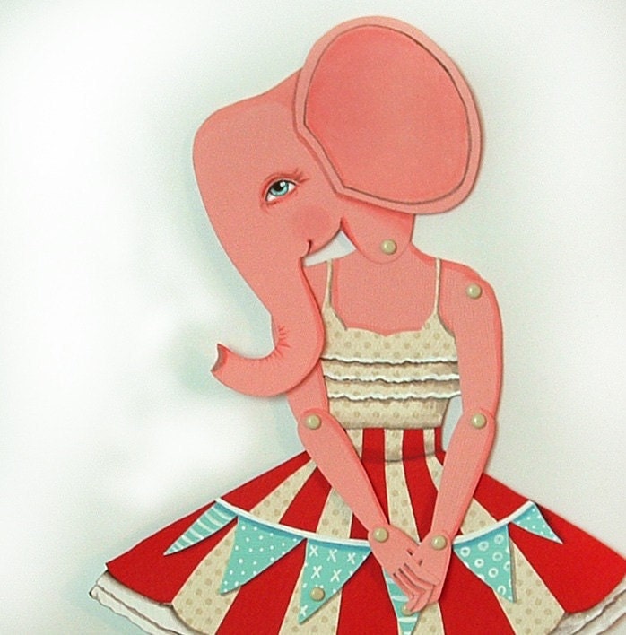 Pink Circus Elephant-- DIY Articulated Paper Doll Set-- Original Contemporary Folk Art
