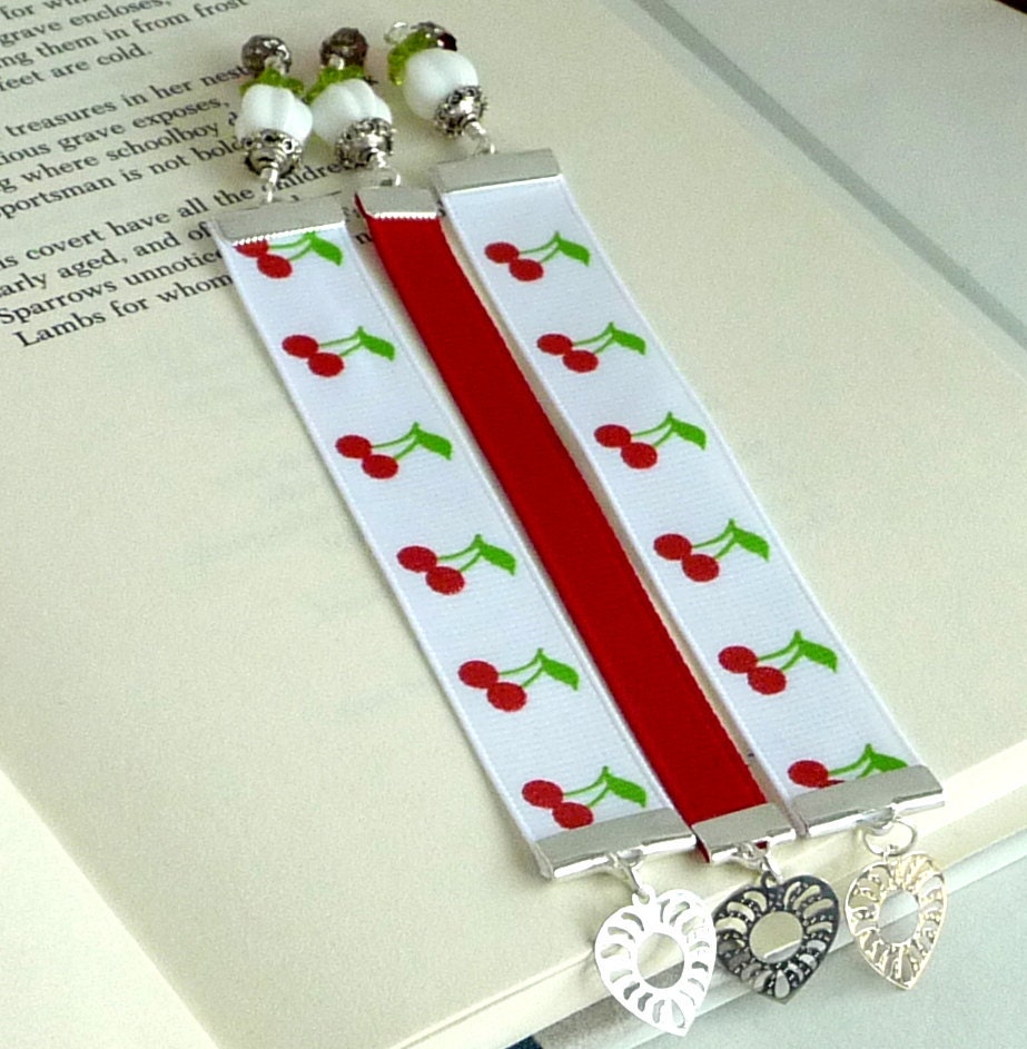 Mini Ribbon Bookmark Trio Set of 3 Book Thongs - Sweet Cherries