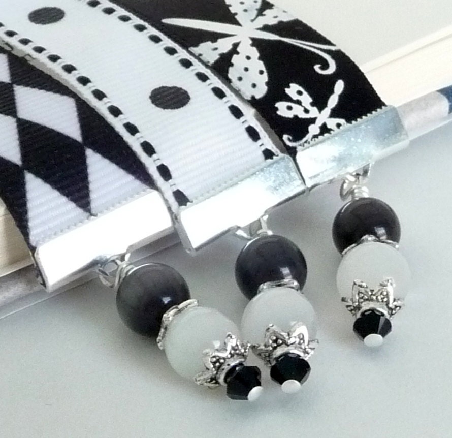 Mini Ribbon Bookmark Trio Set of 3 Book Thongs - Black and White with Butterflies