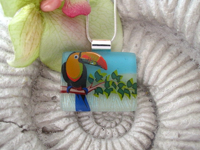 Dichroic Glass Pendant - Toucan-  Dichroic Fused Glass Jewelry - Dichroic Pendant and Necklace 060712p101