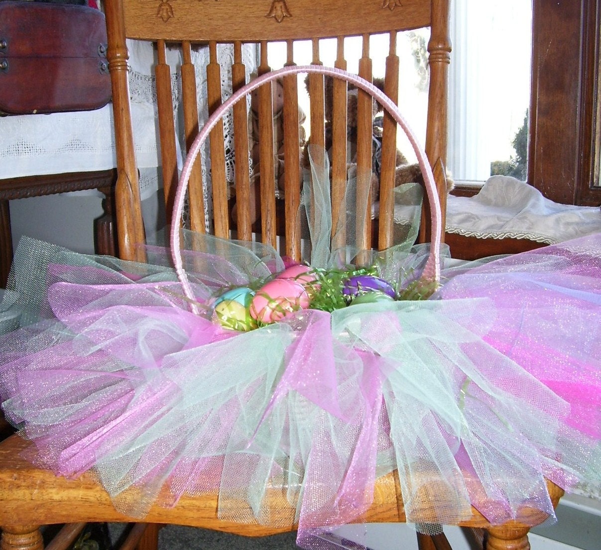 Lorena....Light Pink  wicker Easter Basket...or Princess Party..Basket.. with Tutu