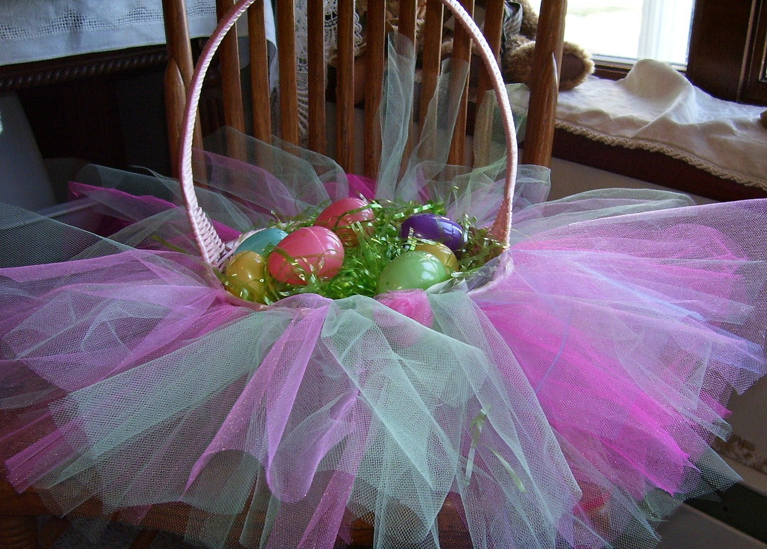 Lorena....Light Pink  wicker Easter Basket...or Princess Party..Basket.. with Tutu