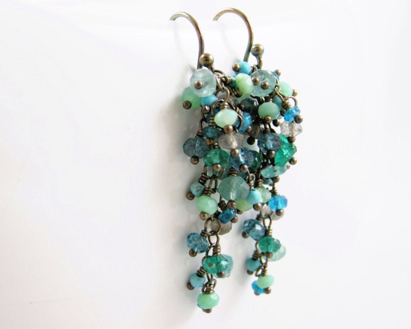Labradorite, Apatite, Turquoise and Chrysoprase gemstone tassel Earrings - Julia