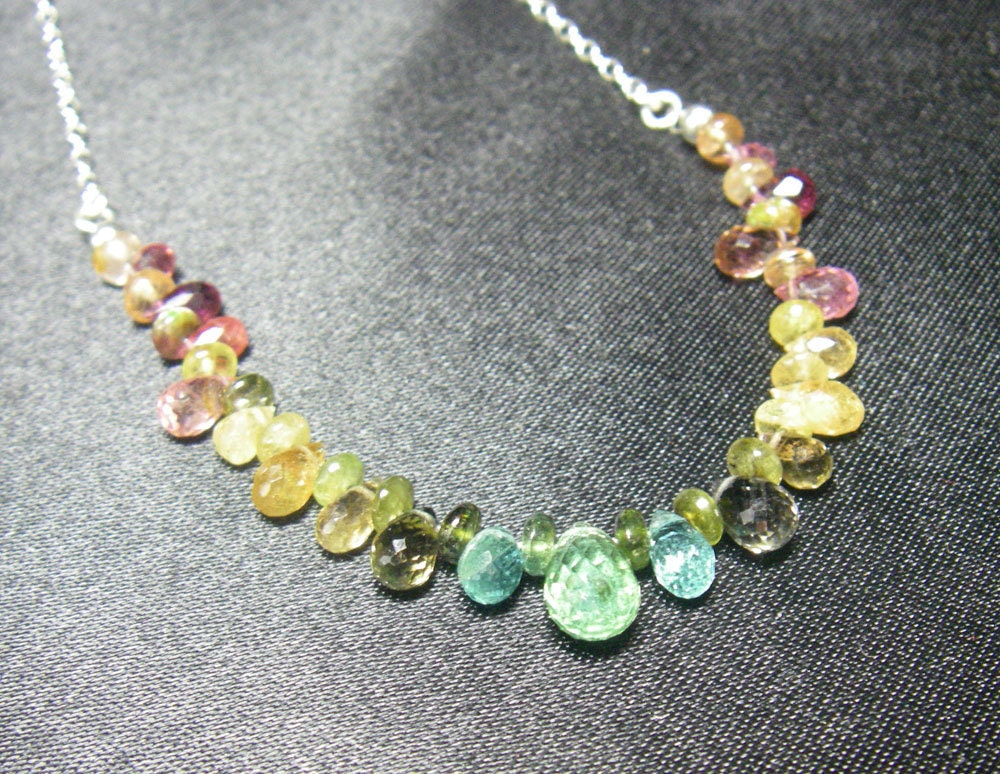 Gorgeous Rainbow Tourmaline Briolette, Silver Chain Necklace
