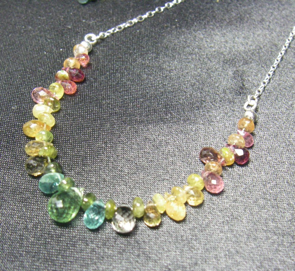 Gorgeous Rainbow Tourmaline Briolette, Silver Chain Necklace