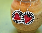Sweet Hearts -Porcelain Heart Earrings in Black and White- hand-carved stamp design