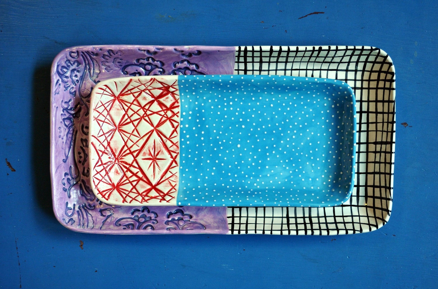 Large Serving Tray/ Rectangular Dish - Purple and Navy, Black and White -- scroll-work design and grid