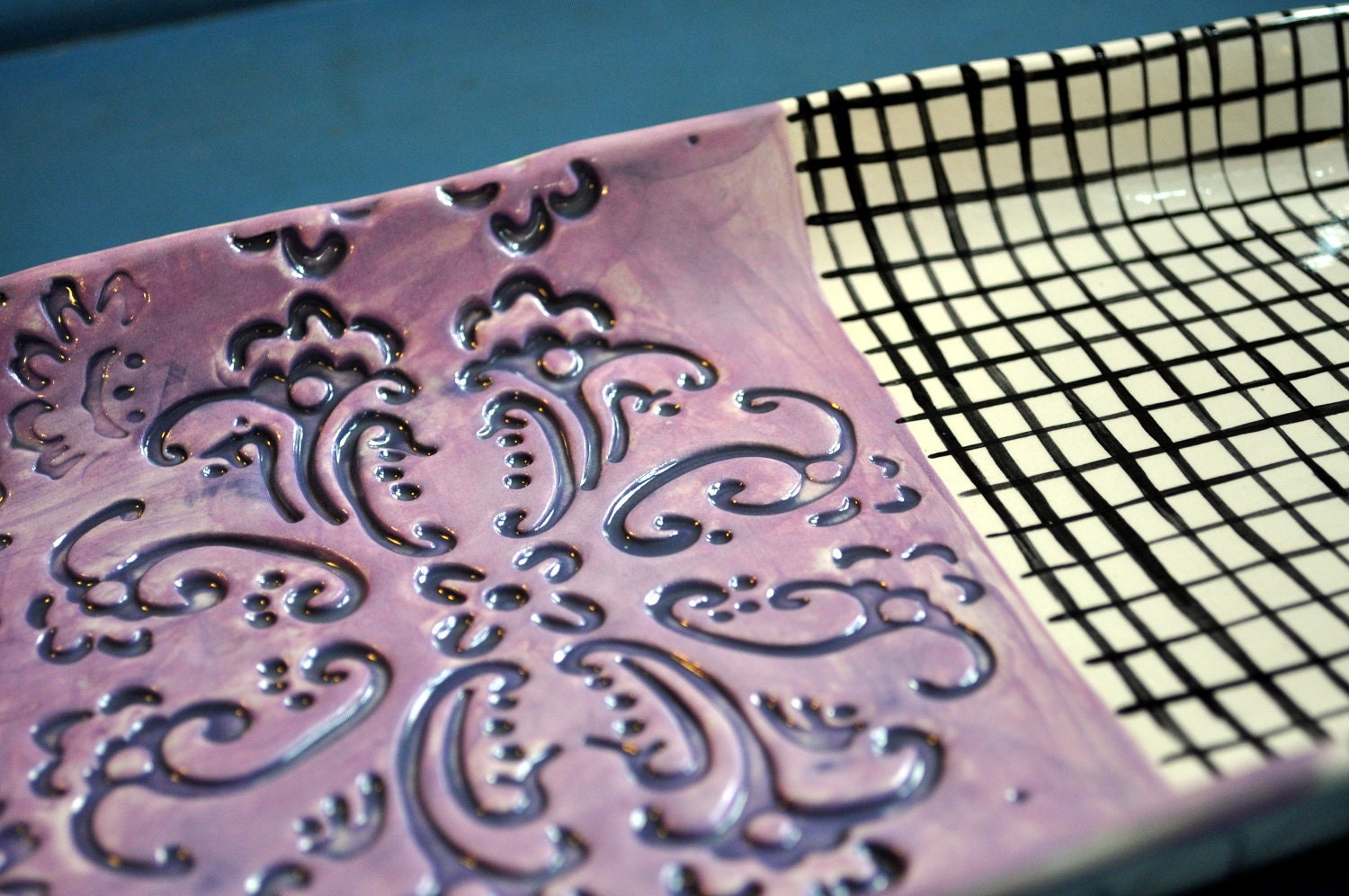 Large Serving Tray/ Rectangular Dish - Purple and Navy, Black and White -- scroll-work design and grid