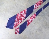 Wide Hibiscus Tie Burgundy Blue Stripe 1940s or 50s Mens Vintage Necktie