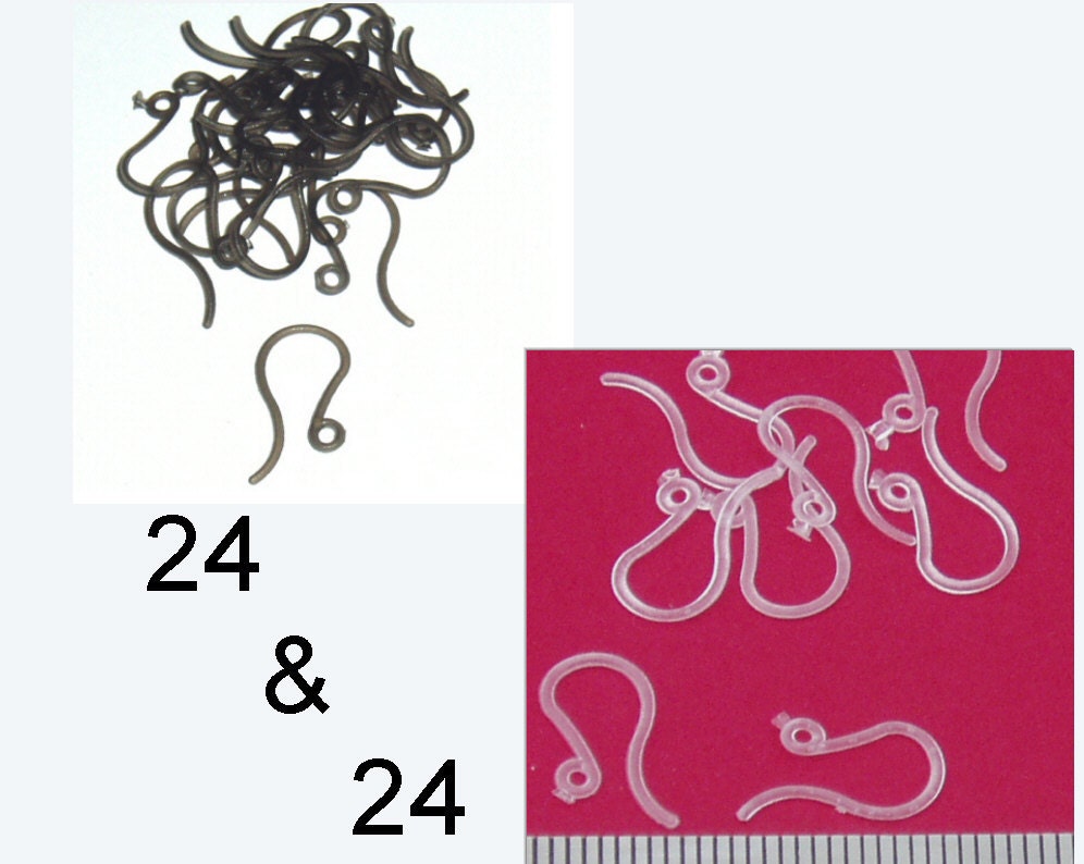 48 Clear & Black Plastic French Hooks / Ear Wires, 24 Clear and 24 Black--Great for folks w/ metal allergies, jewelry findings