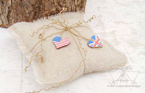 Burlap Wedding Ring Pillow with custom order flag hearts Woodland Garden Beach Wedding Your Country Flag