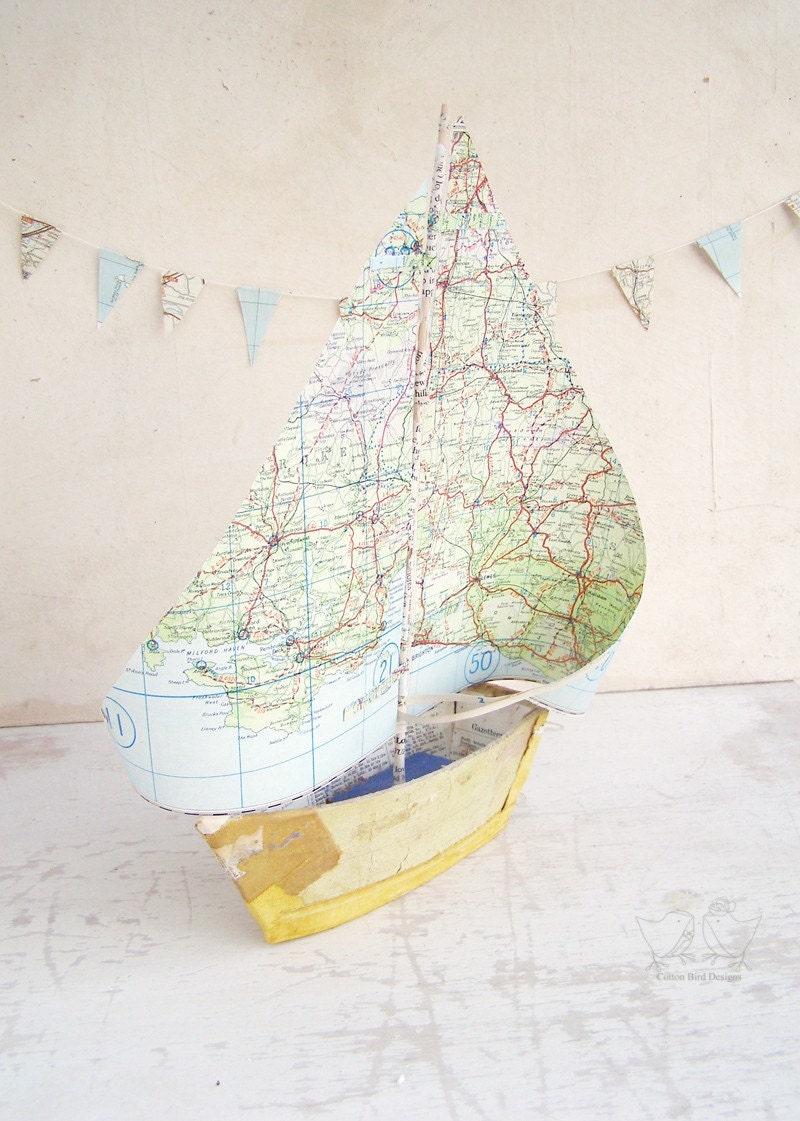 Book Boat with Vintage Map Paper Sails - Recycled books and papers