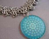 Aqua Blossom Rosette Chain Maille Choker - Aqua and Silver