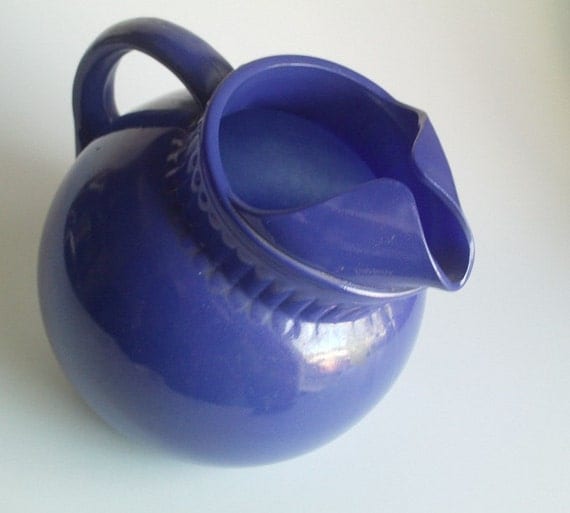 Vintage cobalt blue art deco glass pitcher tilt ball jug Fire King
