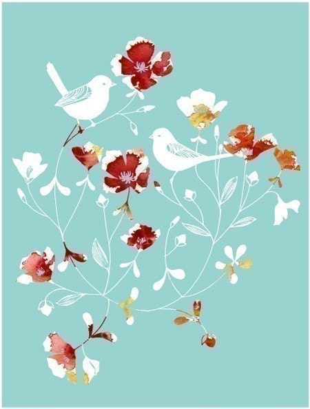 Watercolor Illustration of two birds and flowers titled "Little Sparrows" (turquoise/red)