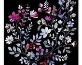 Watercolor Illustration print of birds and flowers titled "Wild Garden" (black)