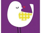 Illustration print of a modern bird titled "Birdie in Purple"