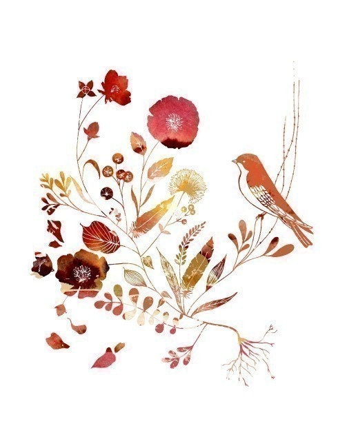 Watercolor Illustration Print of Birds and Flowers titled "Flower Burst"