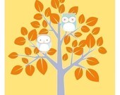 Illustration Print of Two Owls in a Tree titled "Autumn Owl Tree"