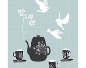 Illustration Print of Birds, Tea Pot and Tea Cups titled "Tea For Three"
