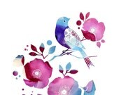 Watercolor Illustration print of a bird and flowers titled "Midday Song"