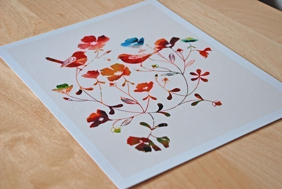 Watercolor Illustration of two love birds titled "Little Sparrows (rainbow edition)"