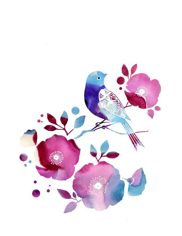 Watercolor Illustration print of a bird and flowers titled "Midday Song"