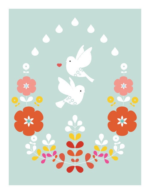 Illustration Print of Love Birds and Flowers title "Bliss" (8.5x11 Print)