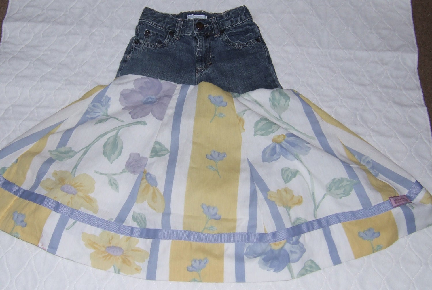 Upcycled Old Navy Girls Size 4 4T Yellow Wisteria Flowers Jeans Twirl Skirt Long Modest Skirts Vintage Lace Trim
