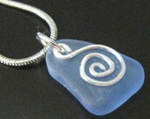 Rare Cornflower Blue - Beach Combed Sea Glass Swirl Necklace - Sterling Silver