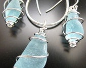 Genuine Beach Combed Aqua Blue Spiral Wrapped - Sea Glass Necklace and Earrings Gift Set, Jewelry