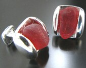 For Him, Rare Red Father's Day Sea Glass Cufflinks - Sterling Silver - Wedding, Groom, Valentine's Day Jewelry