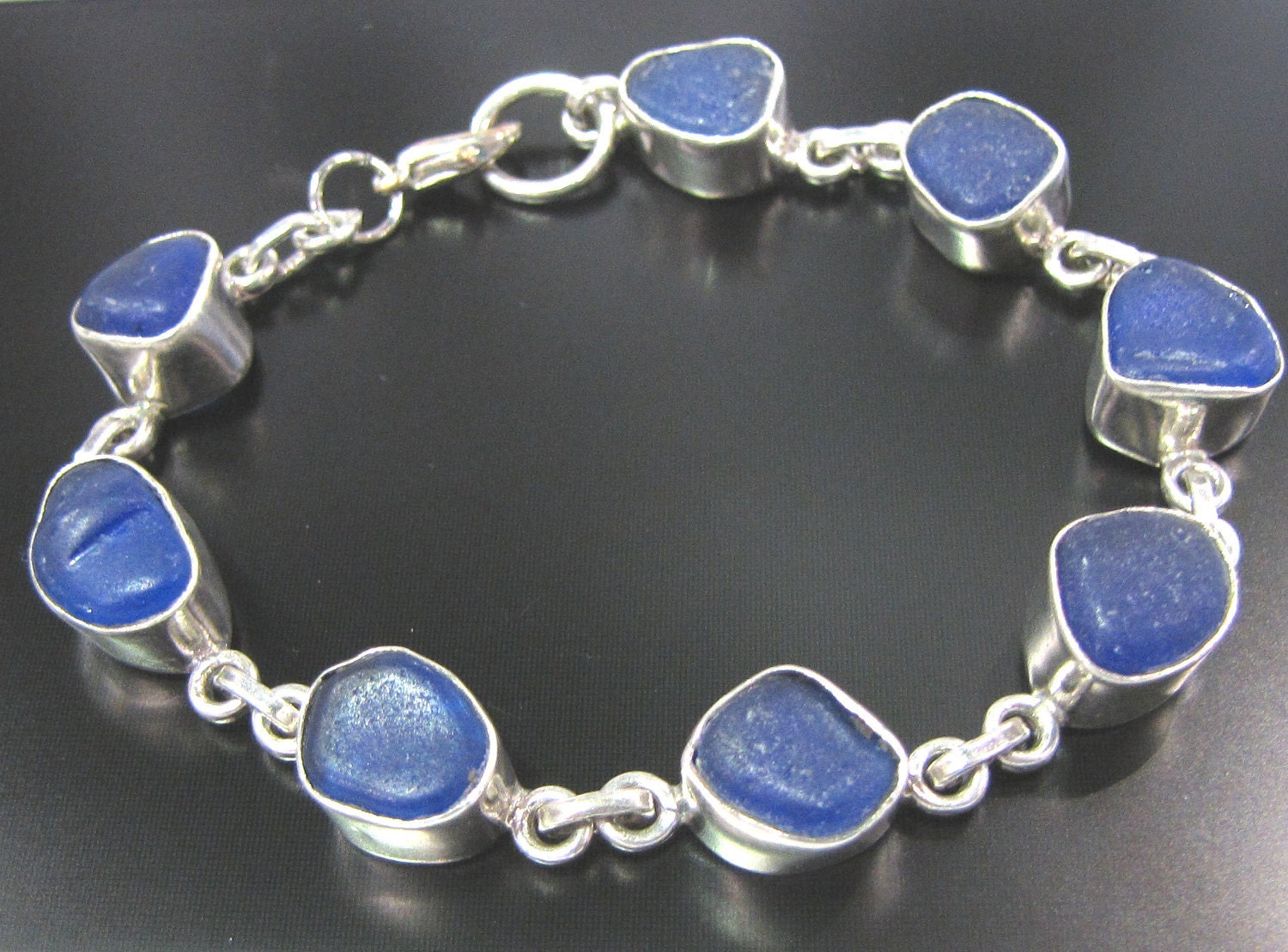 Cobalt Bottle Blues, Genuine Sea Beach Glass - Beachcombed Seaglass Bracelet - Sterling Silver Jewelry