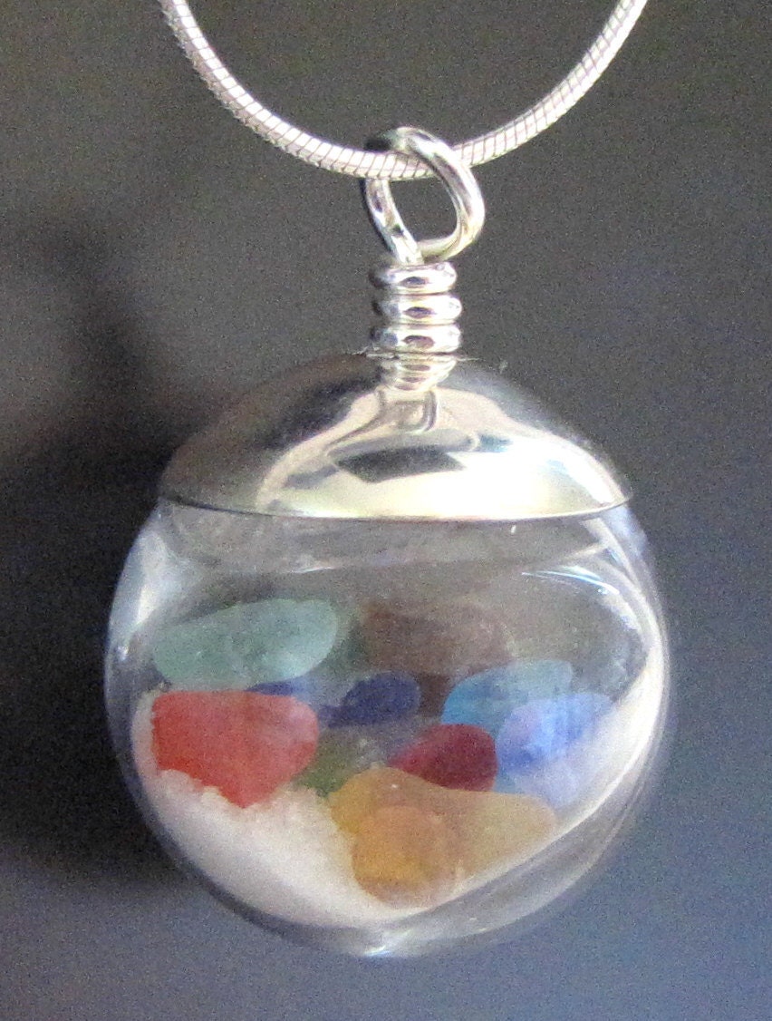 Genuine Sea Beach Glass Necklace - Rare Colors Seaglass Globe Ball & Sand - Sterling Silver Jewelry
