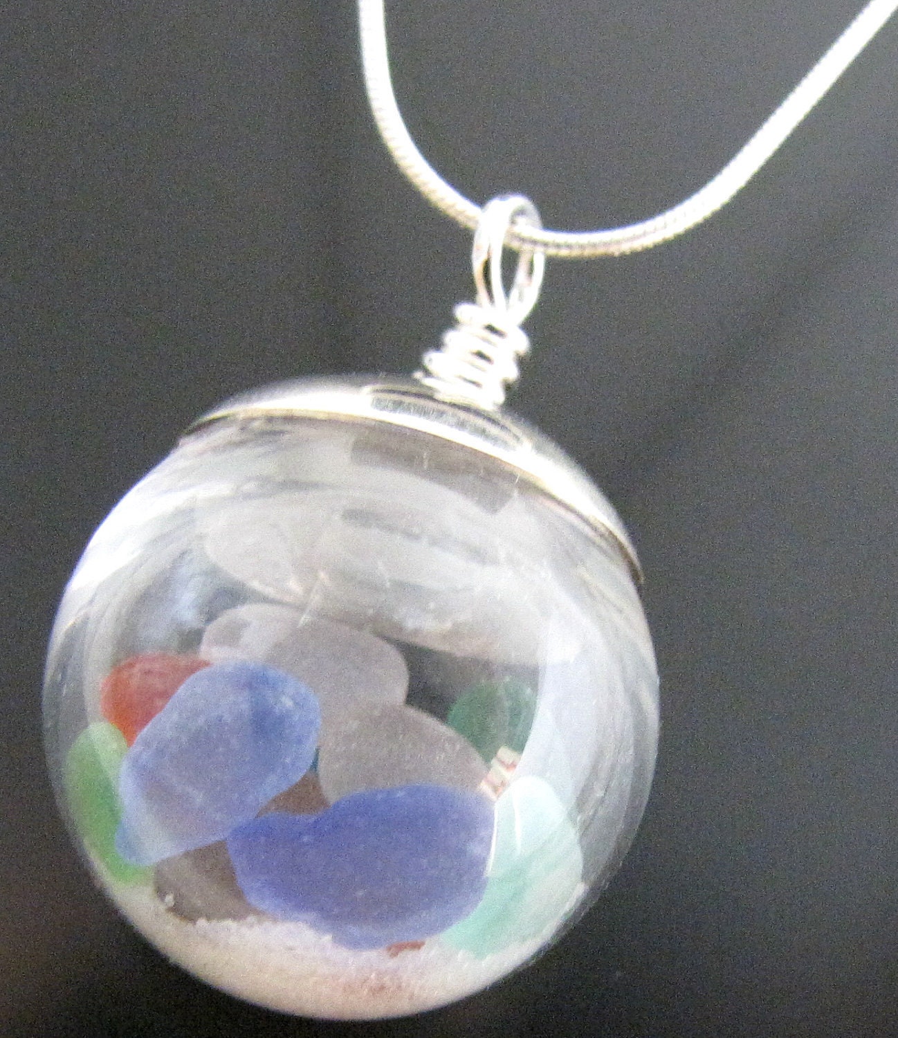 Genuine Sea Beach Glass Necklace - Rare Colors Seaglass Globe Ball & Sand - Sterling Silver Jewelry