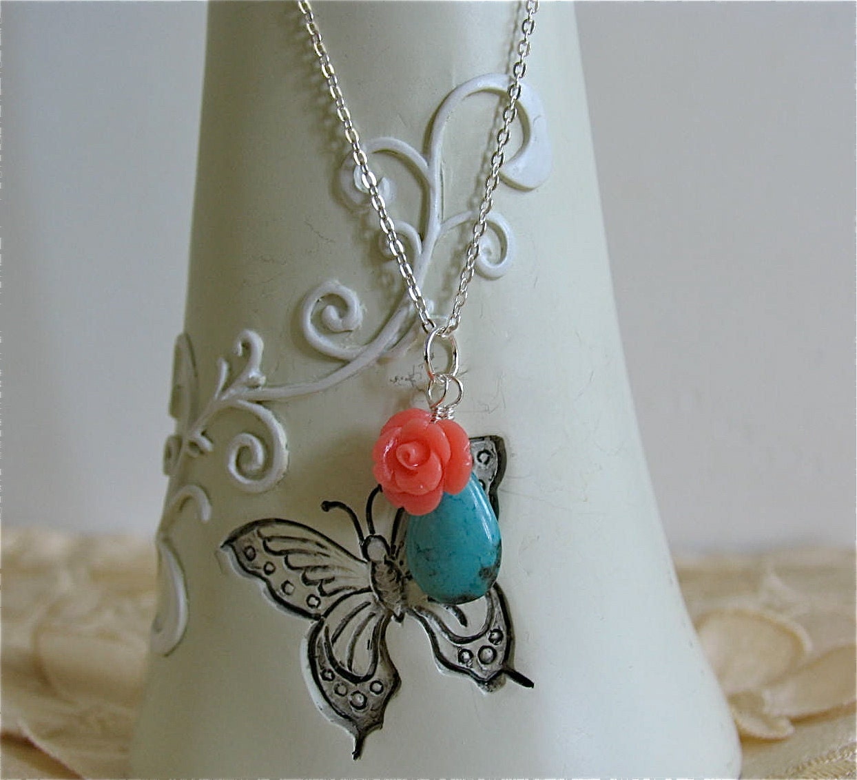 Turquoise pendant and Coral rose carved pendant on sterling silver Chain necklace